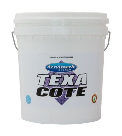 White bucket labeled 'Acrylmeric System Texa Cote' on a white background