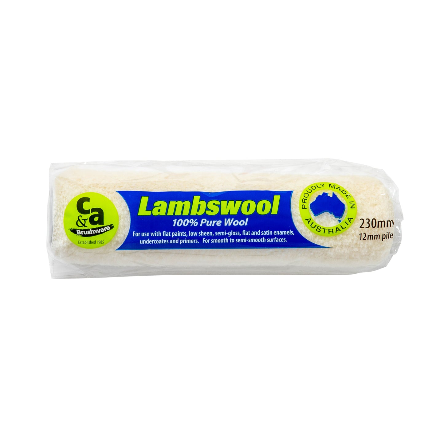 A packaged Lambswool 12mm paint roller, 230mm length, wrapped in clear plastic with a blue, yellow, and green paper label, on a plain white background.