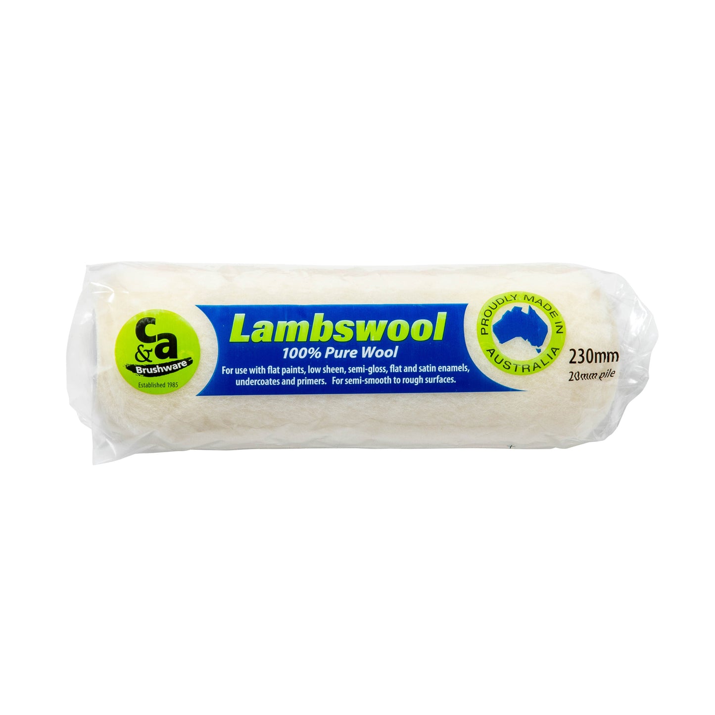 A packaged 230mm Lambswool roller, made of 100% pure wool and wrapped in clear plastic with a blue and green label.