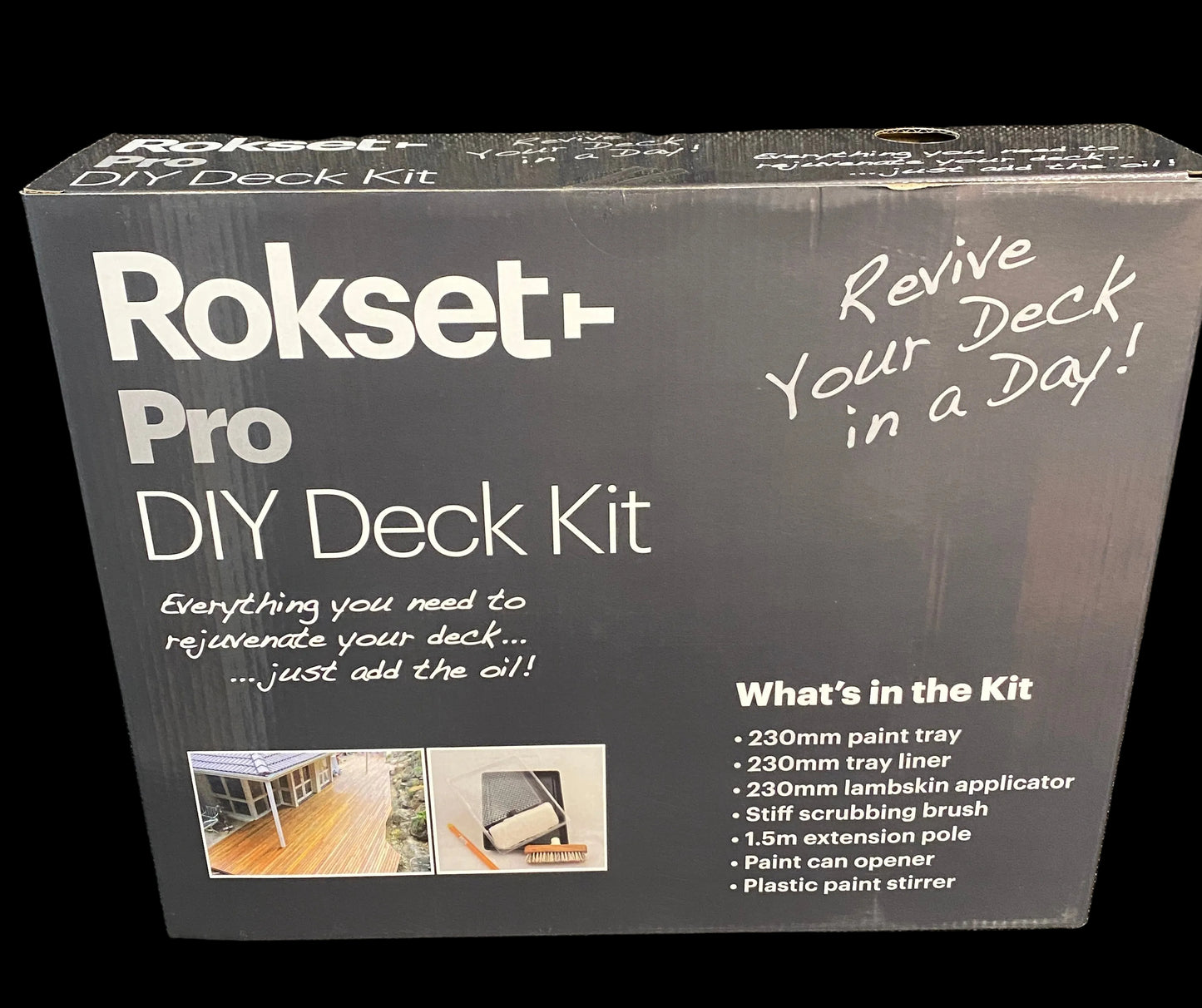 Rokset+ Pro DIY Deck Kit retail box shown on a dark textured fabric background. The packaging is dark gray with white text and includes a list of included items and small photos of a wooden deck before and after treatment.